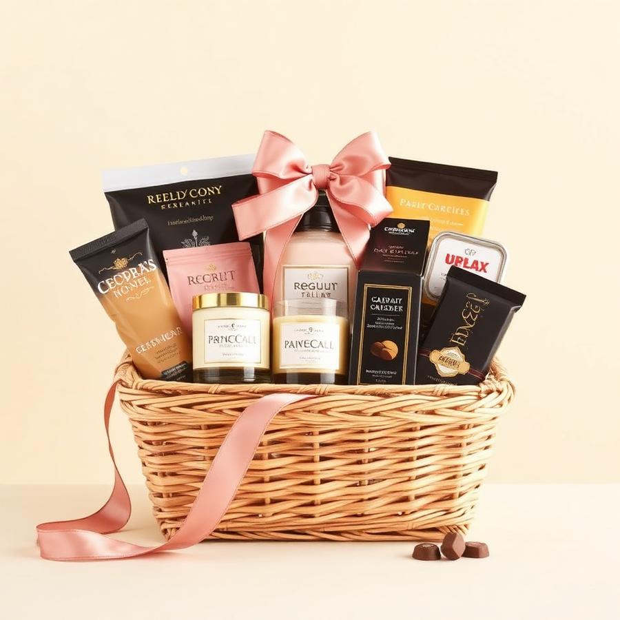 Luxury Classic gift basket with premium products and a dusty rose satin bow