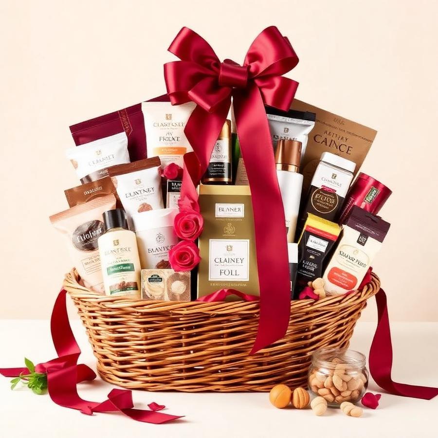 Luxury Indulgence gift basket overflowing with premium items and a burgundy ribbon