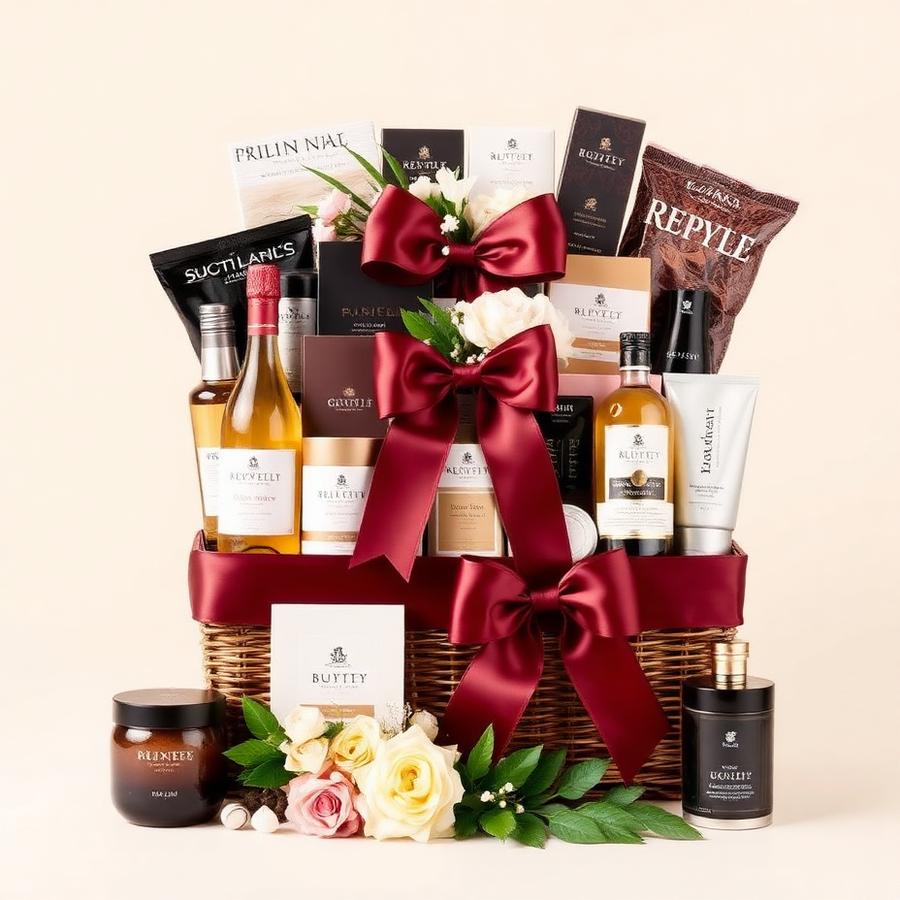 Premium Opulence statement gift basket arrangement with florals and satin bows