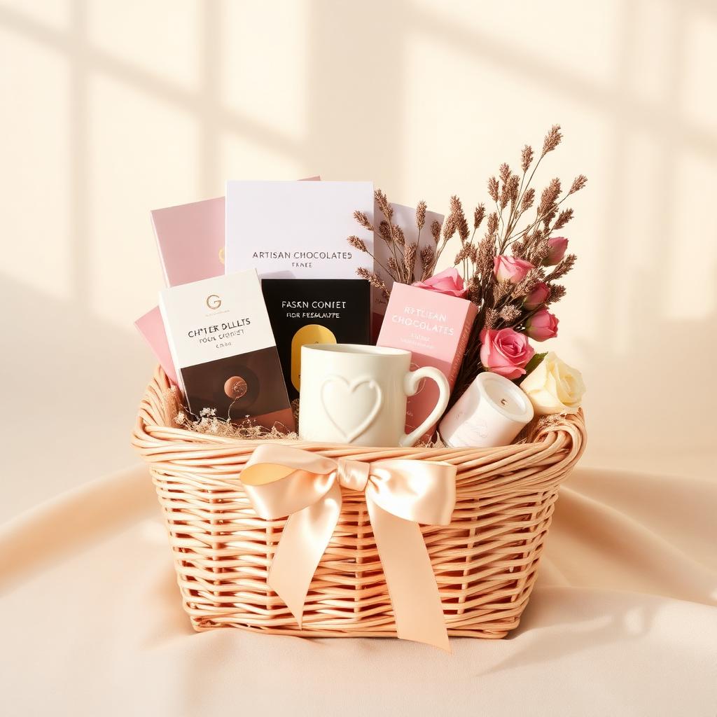 Standard Celebration gift basket with artisan chocolates, a decorative mug, and dried florals