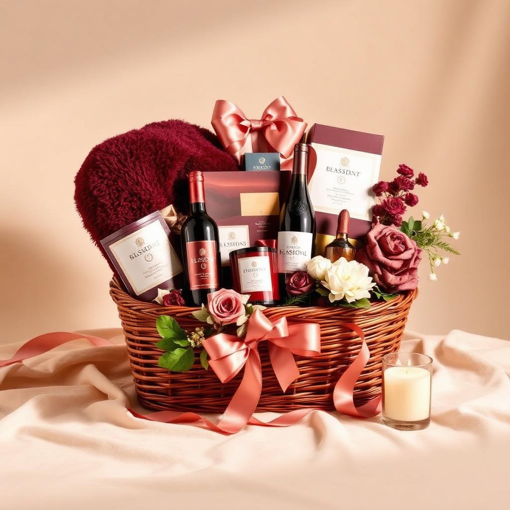 Luxury Grand gift basket with wine, candles, a plush throw, and silk ribbon
