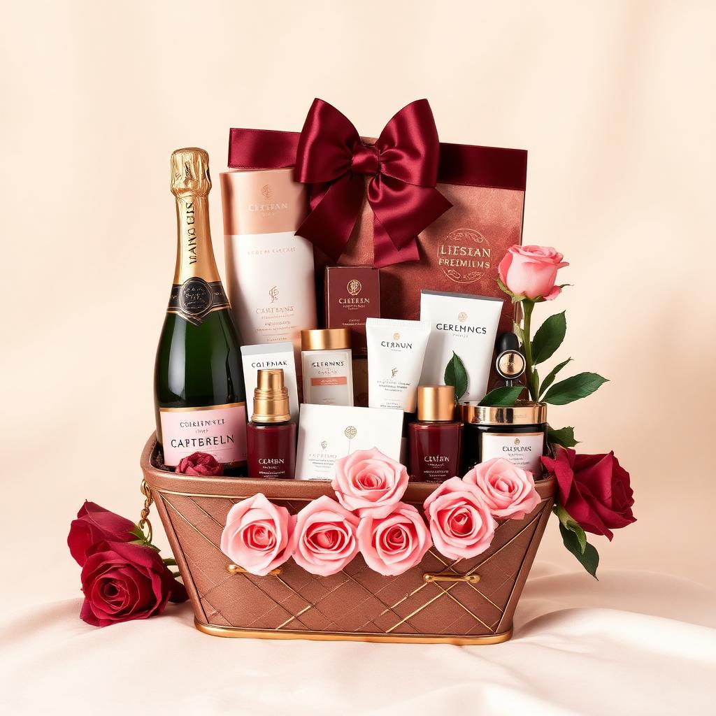 Premium Elite gift basket with champagne, luxury skincare, and fresh roses